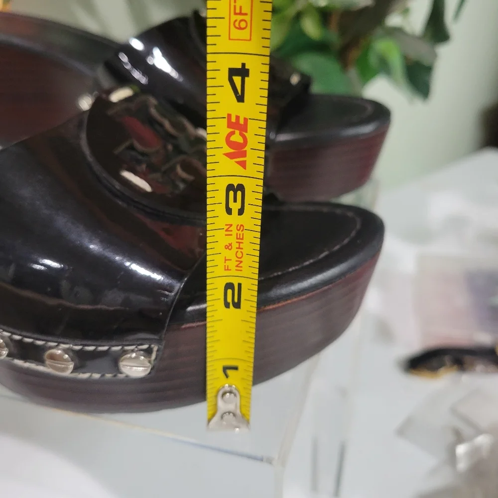 Tory Burch Patty Black Patent Wedge Slide Sandals 9 M Platform Shoes - Picture 9 of 13